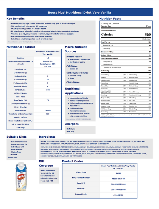 Boost® Plus Very Vanilla Nutritional Drink 8oz - Case of 24