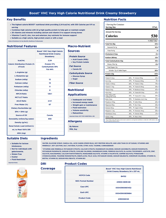 Boost® Very High Calorie Creamy Strawberry Flavor 8oz - Case of 24