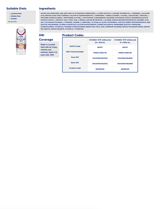 Vivonex® RTF 8.45 oz. Carton Ready to Use Unflavored-  24/Carton